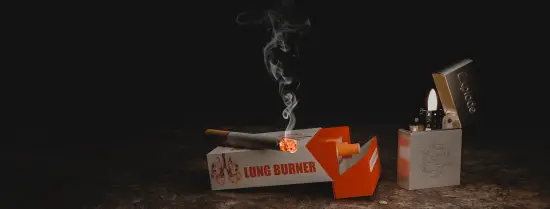 Cigarette package with warning, burning cigarette and a lighter