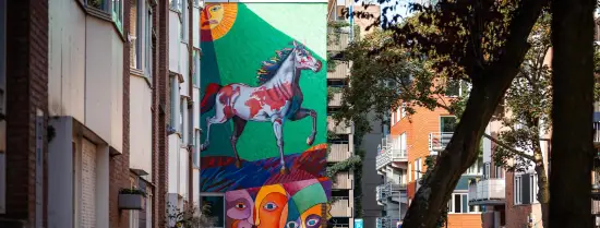 Graffiti, een illustratie van een paard en zon op de muur.