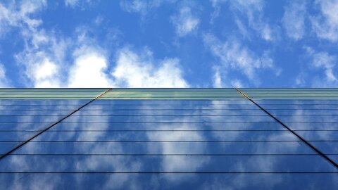 Upright view of a building with the sky