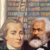 Kant and Marx in front of a drawing of a bookcase