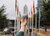 a hand holding the world and international flags in the background