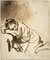 dDrawing from ink depicting a woman that is leaning and sleeping against a platform