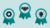 Three badges with each a different symbol. The first one has a gear. The second one shows shaking hands and the third one has a lightbulb.