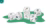 Illustration of white cubes with icons like paintbrush, soccer ball, sun and music note on green background