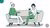 Two people on a sofa, one gesturing and the other holding a coffee mug, green-gray illustration