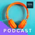 Bright orange headphones on turquoise background with PODCAST and Studium Generale Erasmus logo
