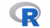Graphic of R programming language logo: a bold blue “R” over a grey oval swirl.