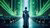 A robot in a robe stands in a futuristic hall with green lights and empty seats