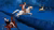 horse stopping in front of cliff, while other horse jumps over to catch gold deer