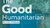 Logo van de podcast 'The Good Humanitarian' van het Hague Humanitarian Studies Centre, met een blauwe achtergrond van een vluchtelingenkamp.