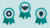 Three badges with each a different symbol. The first one has a gear. The second one shows shaking hands and the third one has a lightbulb.