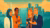 People discuss technology with city and AI symbol in background.