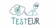 Hand pressing triangular button, thought bubble with bullseye target, TESTEUR lettering