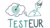 Logo of a thought bubble with a bullseye and arrow, a hand fitting a puzzle piece, “TESTEUR” text