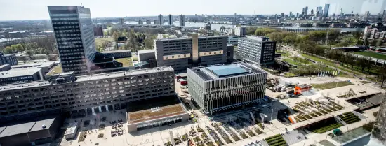 Campus Woudestein met op de achtergrond de skyline van Rotterdam