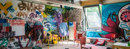 Creative studio with bright colors on the wall