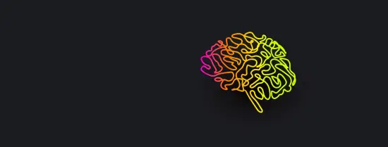 Simplified image of a human brain in pink, orange, yellow and green, on a black background