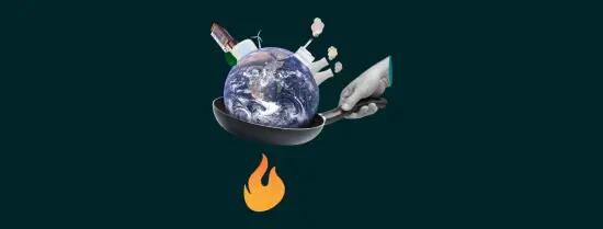 Een wereldbol in een pan met vuur eronder.