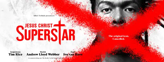 Poster from Jesus Christ Superstar musical with a picture of a man with a big red diagonal cross