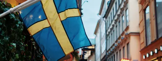 Street view between commercial building showing a hoist Swedish flag