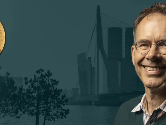 Promotional header image of Guido Imbens with the skyline of Rotterdam as background